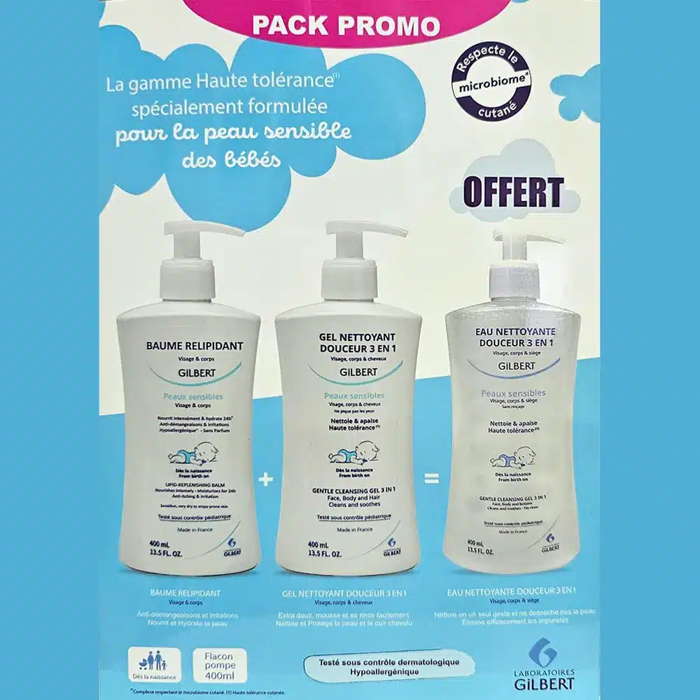 Offre : Gilbert Gel Nettoyant + Baume Relipidant 400ml = Eau Nettoyante 400ml