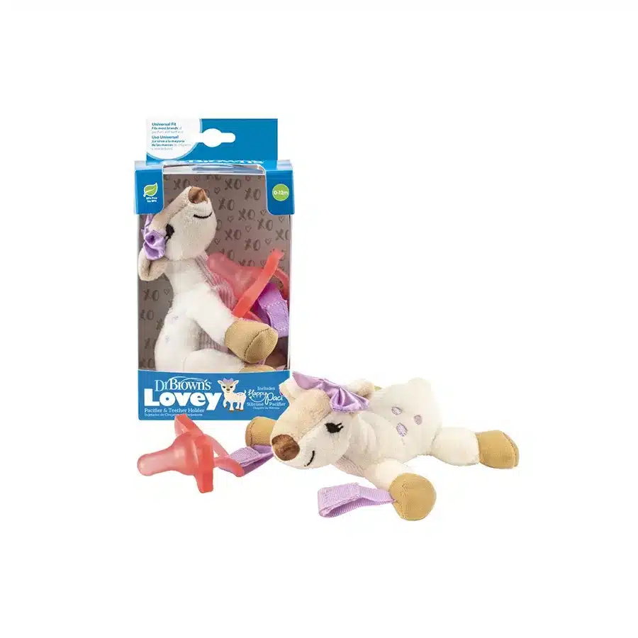 Doudou cerf avec tétine rose une pièce silicone