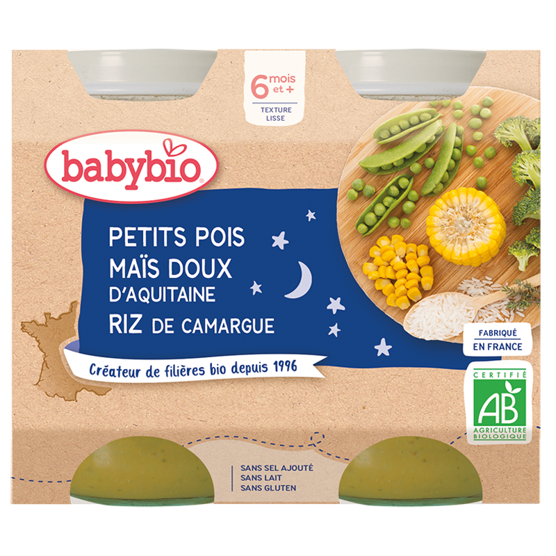 Babybio Petits Pois Maïs Doux & Riz Bio 2x200g – Dès 8 mois