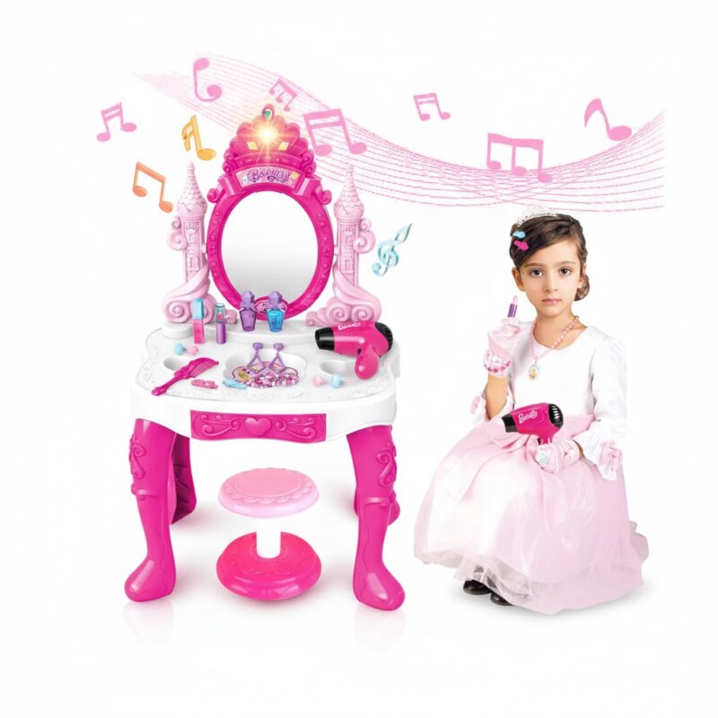 Coiffeuse Enfant avec Miroir Lumineux et Chaise – Rose