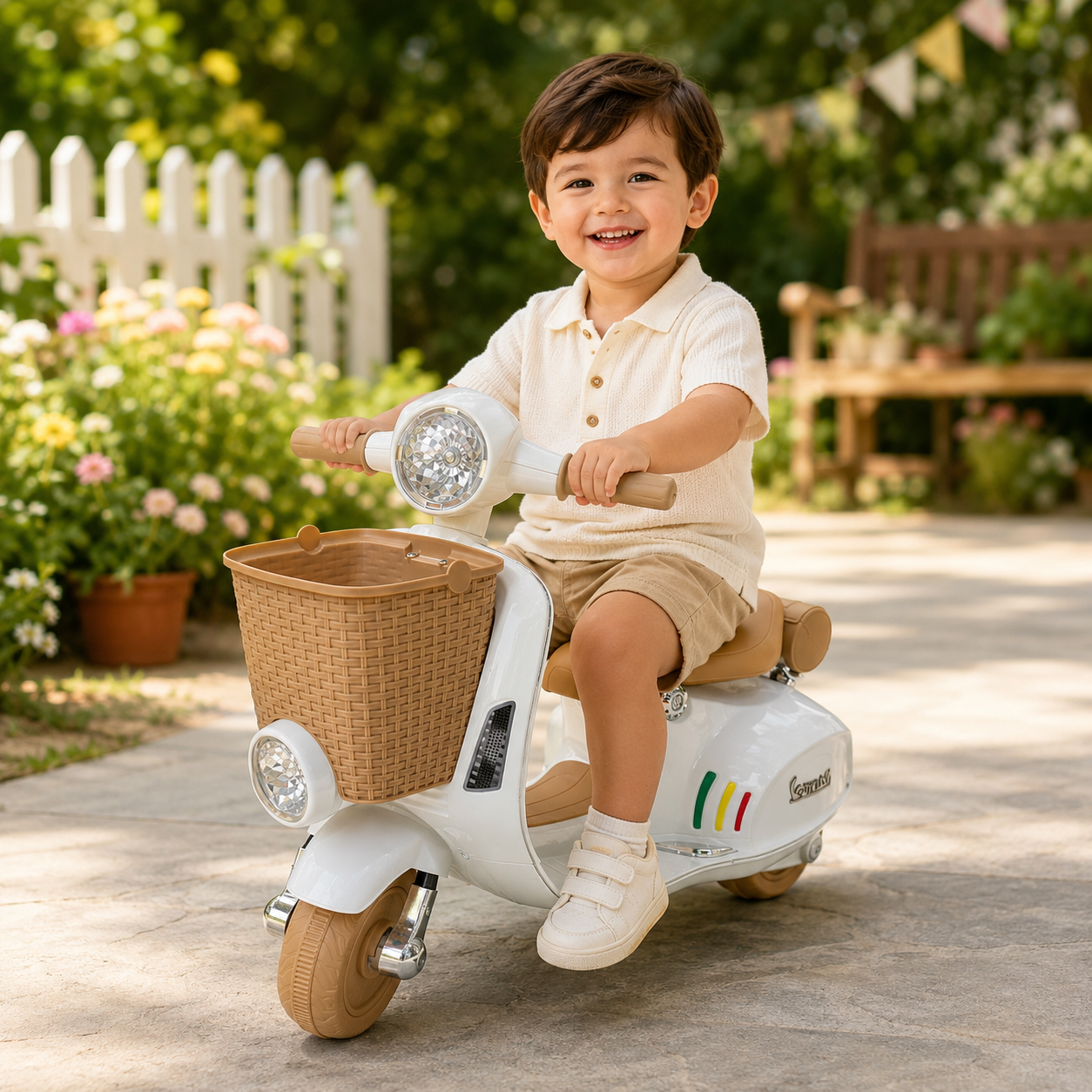 Vespa électrique enfant 12V 3 roues avec panier – Image 2