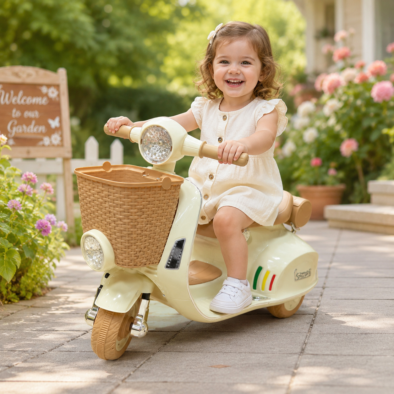 Vespa électrique enfant 12V 3 roues avec panier – Image 6