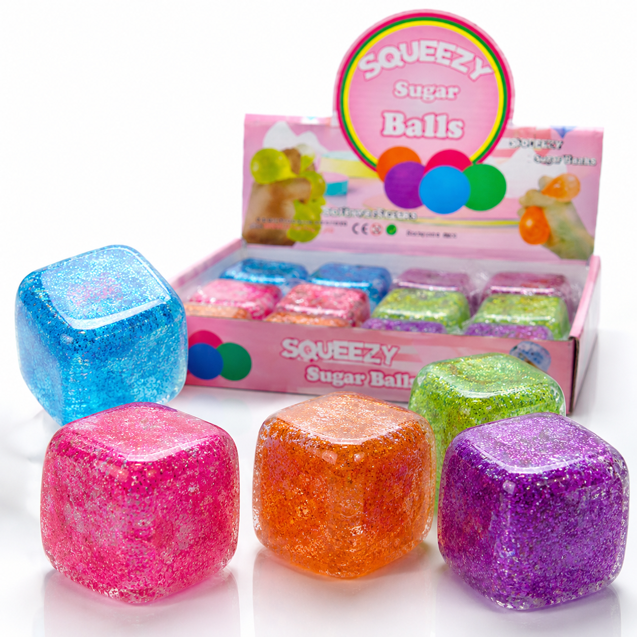 Squeezy Sugar Balls – Cube Squishy Pailleté Anti-Stress