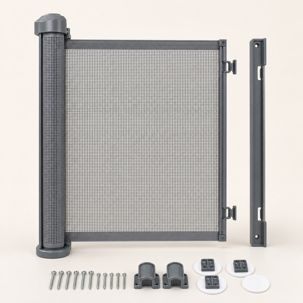 Barrière de sécurité rétractable bébé grise avec kit de fixation