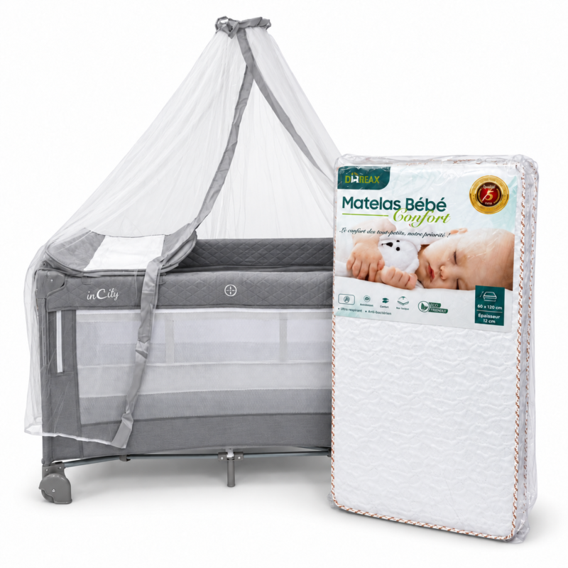 Parc Lit Cododo 3 en 1 Gris – inCity + Matelas Médical 120×60 cm