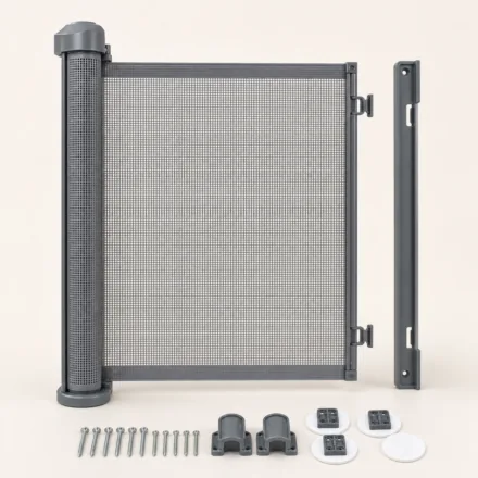 Barrière de sécurité rétractable bébé grise avec kit de fixation